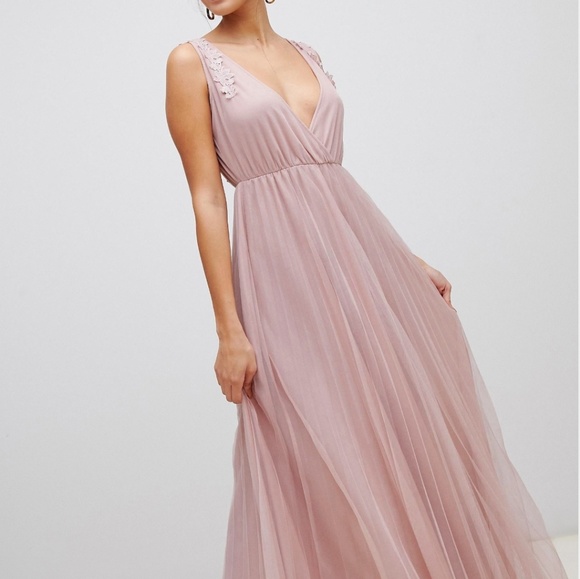 Pleated Tulle Maxi Dress with Applique Lace Trim - Picture 1 of 8